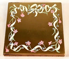 Vintage Wadsworth Made in Canada Sq Goldtone Compact White Ribbons Pink Flowers