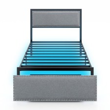 Twin Size Upholstered Bed Frame w/ LED Light Rolling Storage Drawer  Metal Slat