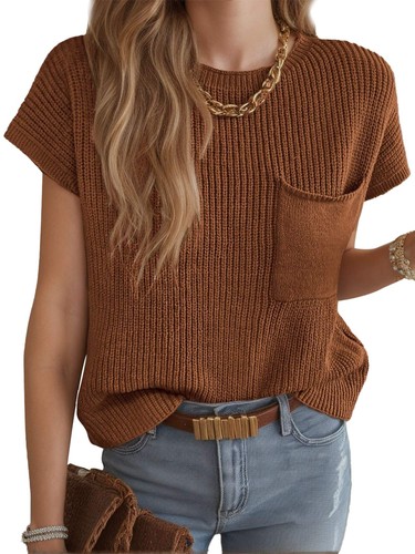 Womens Cap Sleeve Tops Casual Crew Neck Sweater Vest Ribbed Knit Pullover - Picture 14 of 14