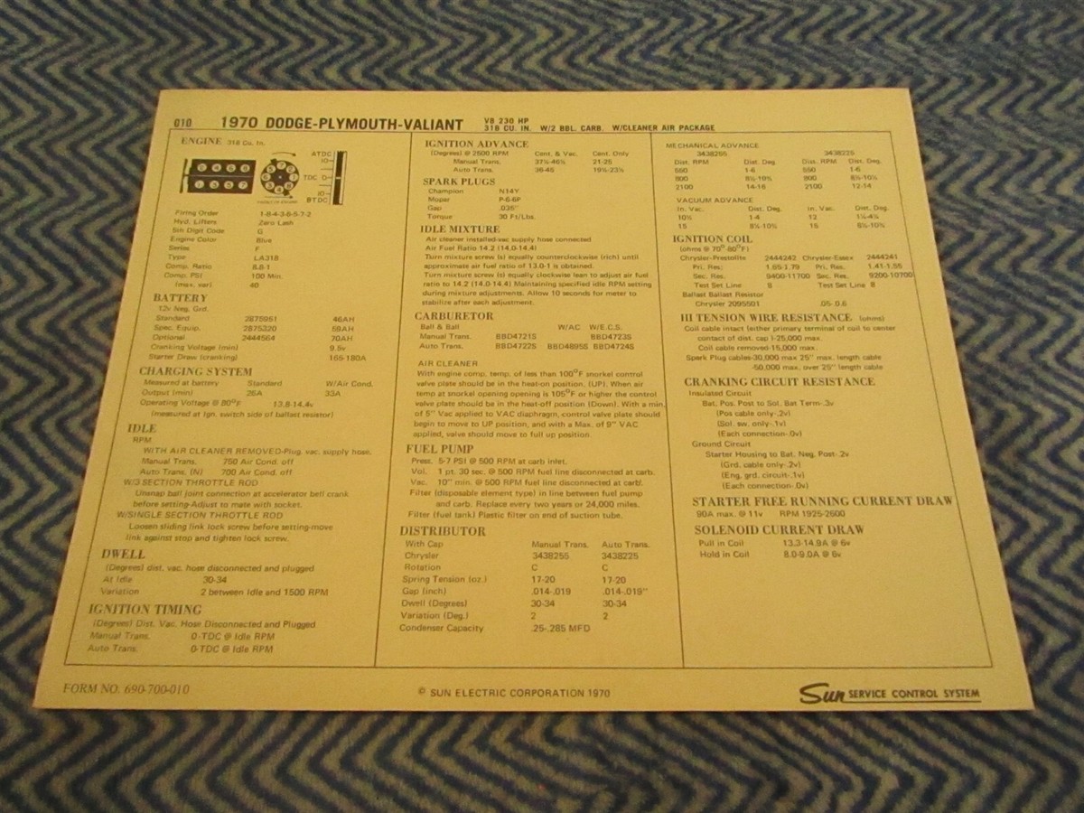 1970 DODGE PLYMOUTH VALIANT V8 230 HP 318 CU IN 2 BBL