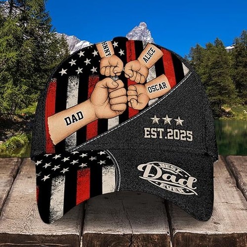 Custom Best Dad Ever Cap US Flag Fist Bump Hat With Kids Names Father s custom-best-dad-ever-cap-us-flag-fist-bump-hat-with-kids-names-father-s