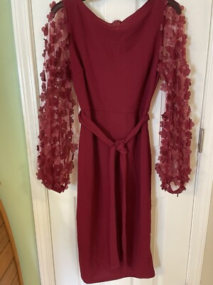 SHEIN Womens Burgandy Dress with see through Long Sleeves with Floral accents M