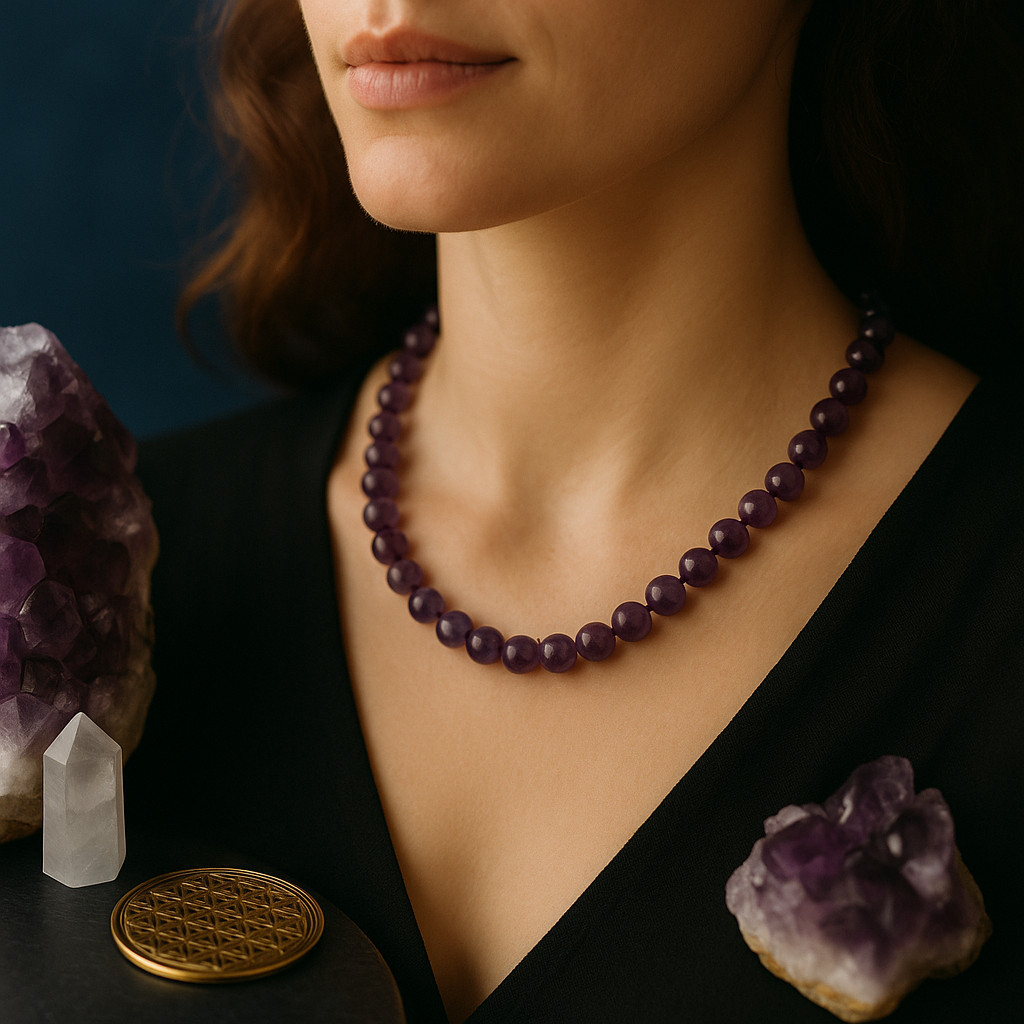 Collier Améthyste 8 mm de Qualité AA et Chaîne Acier Argenté