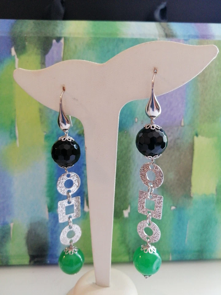 Orecchini Pendenti donna Argento 925 pietre naturali onice sfacc/giada verde - Immagine 3 di 3