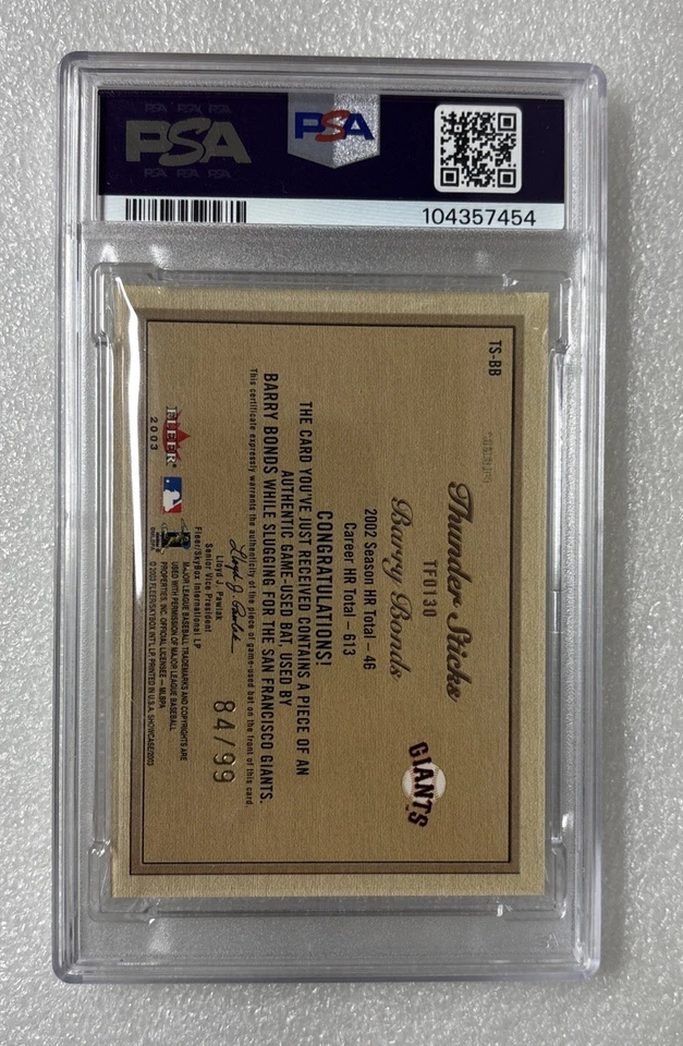 2003 Fleer Showcase Barry Bonds Thunder Sticks Gold Game Used Bat /99 Bat PSA 9 - Image 2 of 4