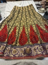 Vintage Heavy Embroidered Indian Silk Lehenga Skirt Brown Red Gold