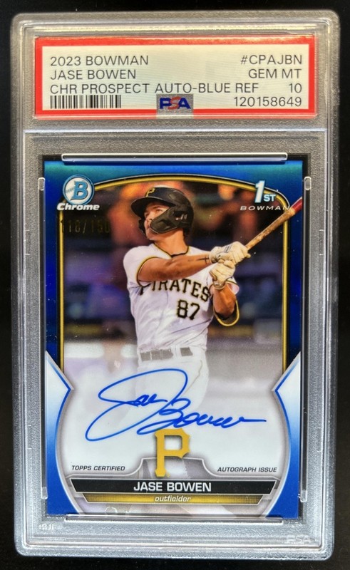 2023 Bowman Jase Bowen Chrome Auto Blue Refractor 1st #/150 Pirates PSA 10
