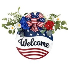 Welcome Sign Wreath 4th of July Patriotic Sign for Front Door, Blue Welcome