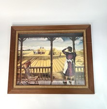 Framed Print of Painting by L Agnew Woman on Porch Watching Men Bale Hay 