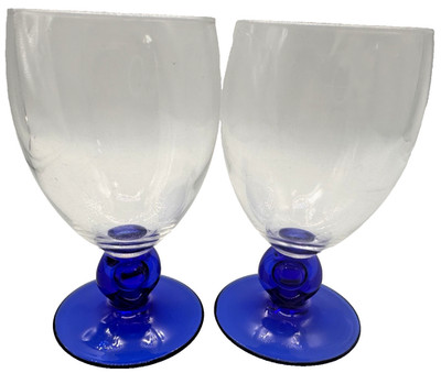 Pair LUMINARC FRANCE COBALT BLUE & Clear WINE WaterGLASSES  4- 5 ounces 5'' Tall