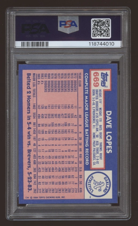 1984 Topps Tiffany Dave Lopes #669 PSA 9 Mint Oakland Athletics Low Pop - Image 2 of 4