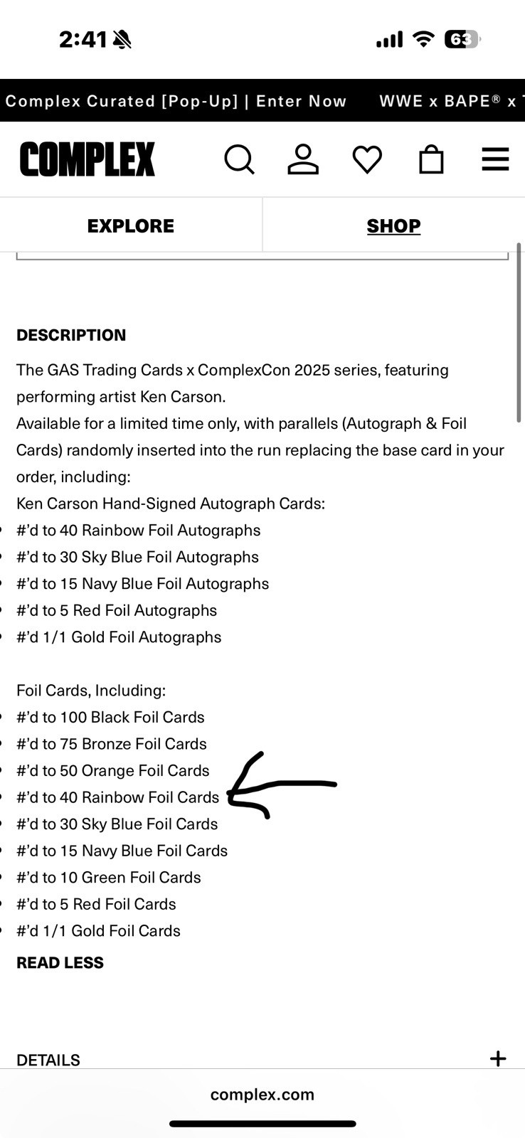 Ken Carson 2025 ComplexCon x GAS Trading Card - Rainbow Foil #/40