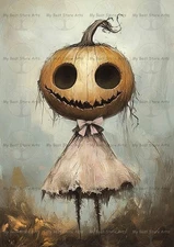CREEPY PUMPKIN HEAD DOLL ART PRINT, Fantasy Girl Decor, Gothic Halloween Poster
