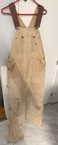 Carhartt Beige Canvas Duck Work Bib Overalls 36x32 RO2 vintage  double knee