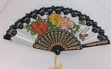 Vintage 1960's signed Hand Painted Linen and Lace Folding Fan from Taiwan