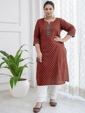 Indian Women Maroon Cotton Floral Printed Kurta Kurti Top Tunic Dress S To 7-XL