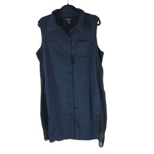 Kenneth Cole New York Button Front Shirt Dress Shift Layered Zipper Navy Blue XL