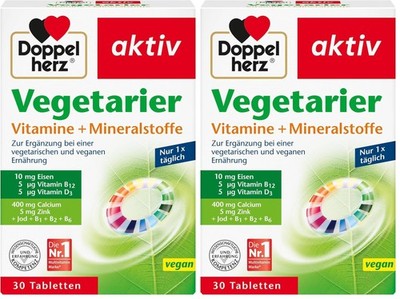 Doppelherz Vegetarier Vitamine + 30 vegane Tabletten (2er Pack), Weiß