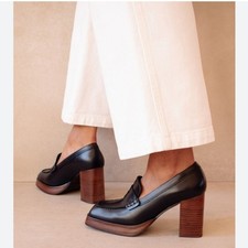Tod s Leather Loafers Pumps Chunky Heeled Black Brown Size Italy 39.5 - US 9.5
