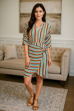 Striped Faux Wrap Lined Sash Party Sexy Mini Resort Beach Preppy Dress Women M