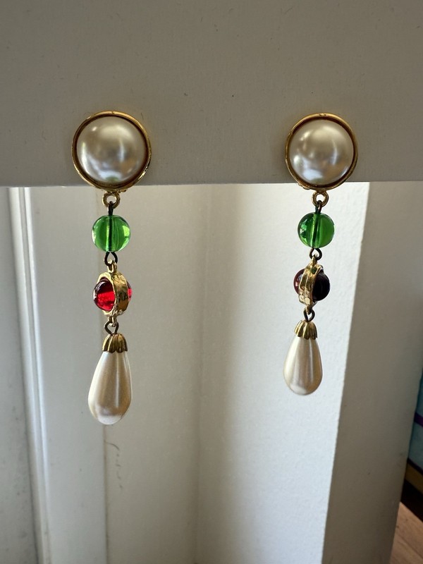 Vintage Les Bernard Signed Faux Pearl Dangly Clip-on Earrings