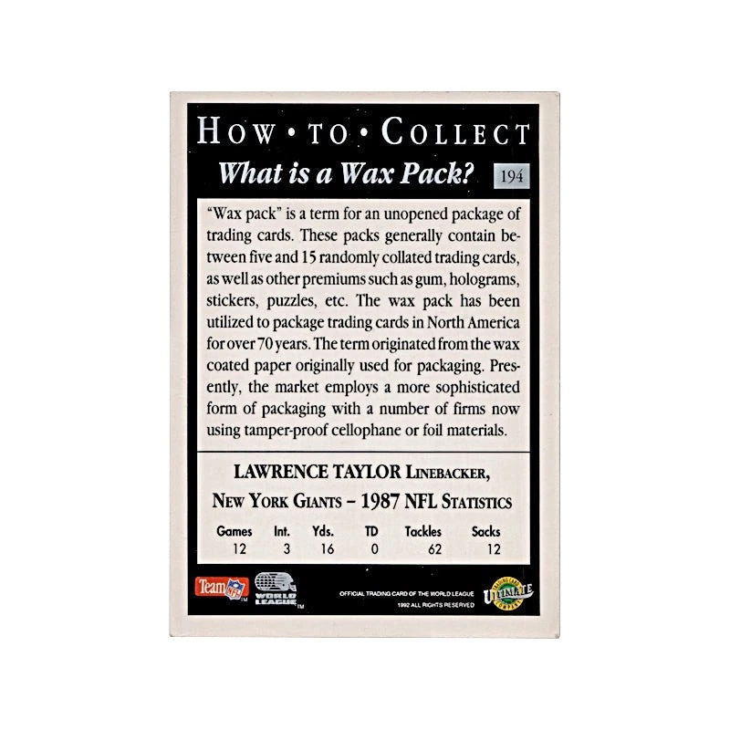 1992 World League How to Collect #194 Lawrence Taylor Autograph - Image 2 of 2