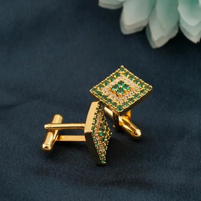 Emerald & Diamond 18K Yellow Gold Over Suit Shirt Wedding Cufflinks Gift Men's