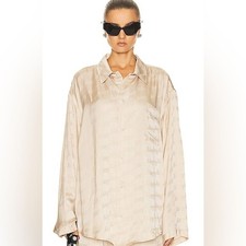RRP US 1,490 BALENCIAGA Logo-Jacquard Silk Shirt champagne pale yellow NWT FR38