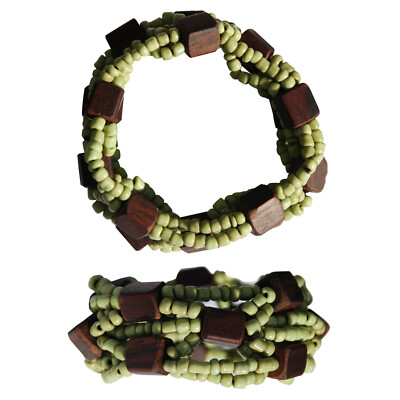 Beautiful Parrot Green 10-Strand Elastic Bracelet Glass Dark Hard Wood Beads