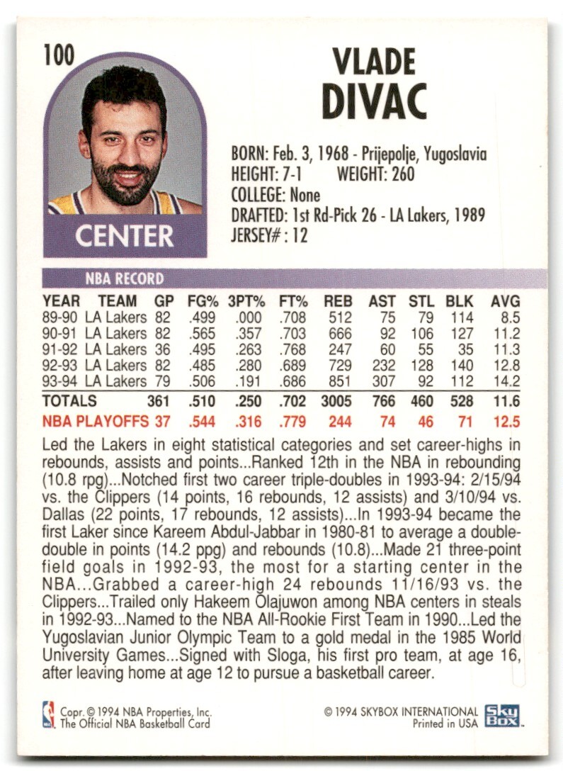 1994-95 NBA Hoops Basketball Card Vlade Divac #100 Los Angeles