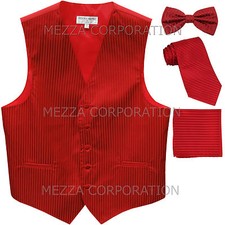 New Men's Tuxedo Vest Vertical Stripes Necktie, Bowtie  Hankie set party Red