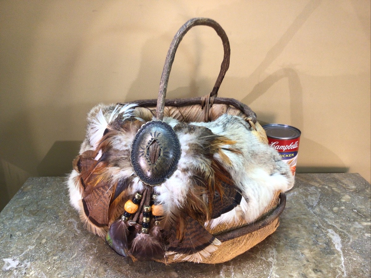 Vintage Navajo Native American Hand Crafted Basket with Rabbit Fur