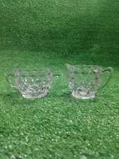 Vintage Jeanette Depression Glass Clear Cubist Pattern Creamer & Open Sugar Bowl