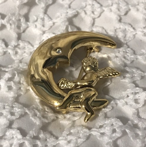 Goldtone Angel On Crescent Moon Brooch Rhinestone. Spring Makes Angel Move