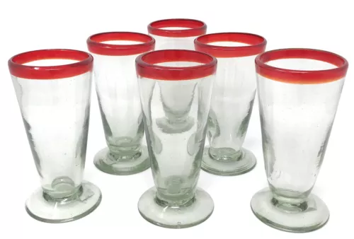 Orion Mexican Glassware Red Rim 16 oz Short Pilsner - Set of 6