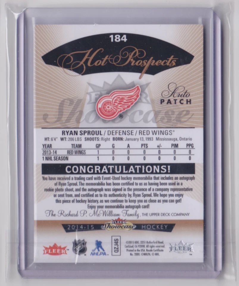 2014-15 FLEER SHOWCASE HOT PROSPECT PATCH & AUTO /375 RYAN SPROUL #184 RED WINGS - Image 2 of 2