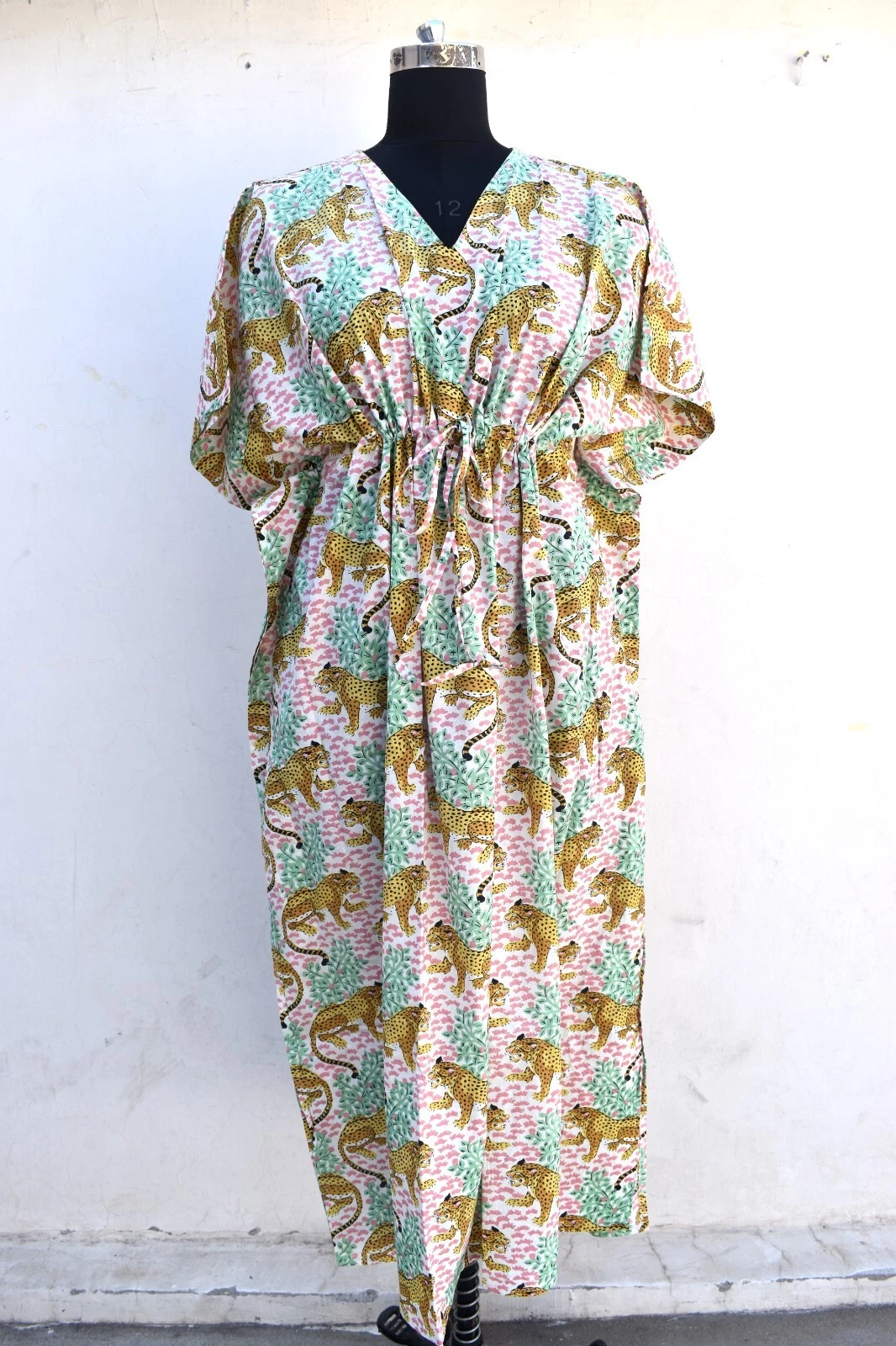 Indian 100%Cotton Pink Tiger Print Kaftan Dress Women's Clothing Kaftan Dress US