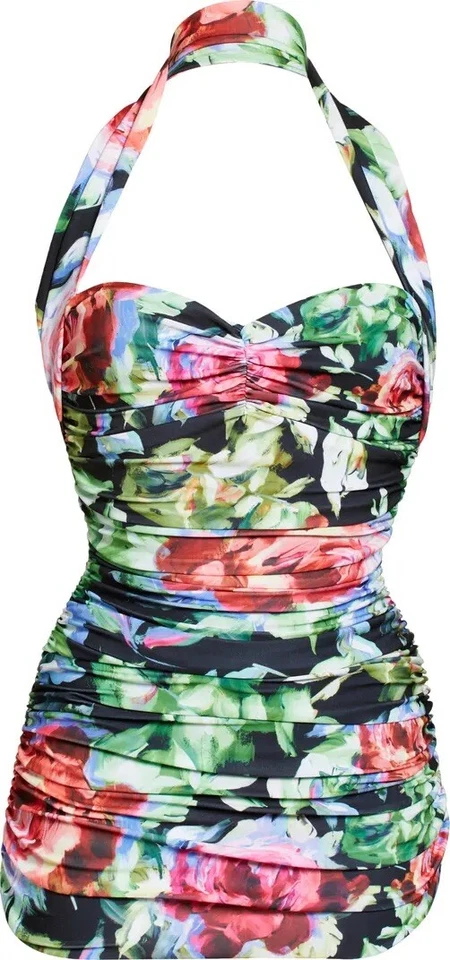 Traje de baño Norma Kamali para mujer floral Bill Mio de una pieza halter retro años 50 XXS NUEVO CON ETIQUETAS Foto 3 de 4
