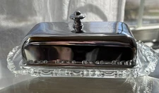 Vintage Butter Dish Glass Under Plate With Stainless Steel Chrome Lid