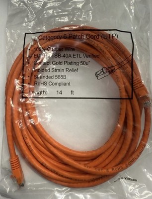 Cat 6 Patch Cord UTP Ethernet Cable 14 ft Orange Gold Plated Molded RoHS