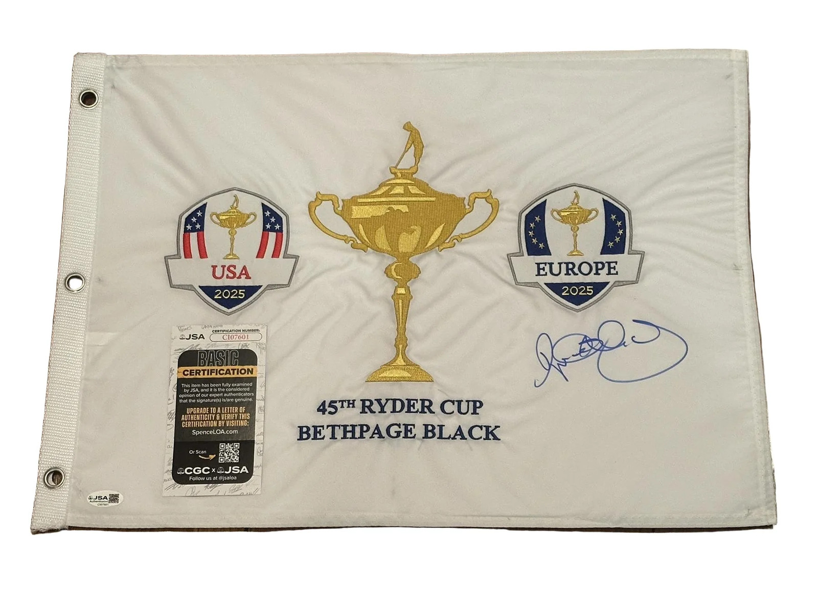 Rory McIlroy Autographed Signed 2025 Ryder Cup Pin Flag Team Europe JSA COA 
