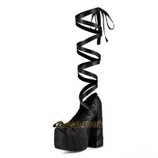 Women's Gothic Platform Block High Heels Satin Lace Up Ankle Boots Cosplay Shoes