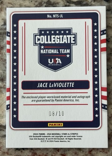 2024 Panini Stars & Stripes JACE LAVIOLETTE Batting Glove Relic Auto /10 - Picture 2 of 2