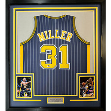 Framed Facsimile Autographed Reggie Miller 33x42 Blue Reprint Laser Auto Jersey
