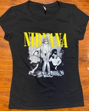 NIRVANA 90's Alternative Rock  Women's Black Stretch Graphic T-Shirt- NWOT