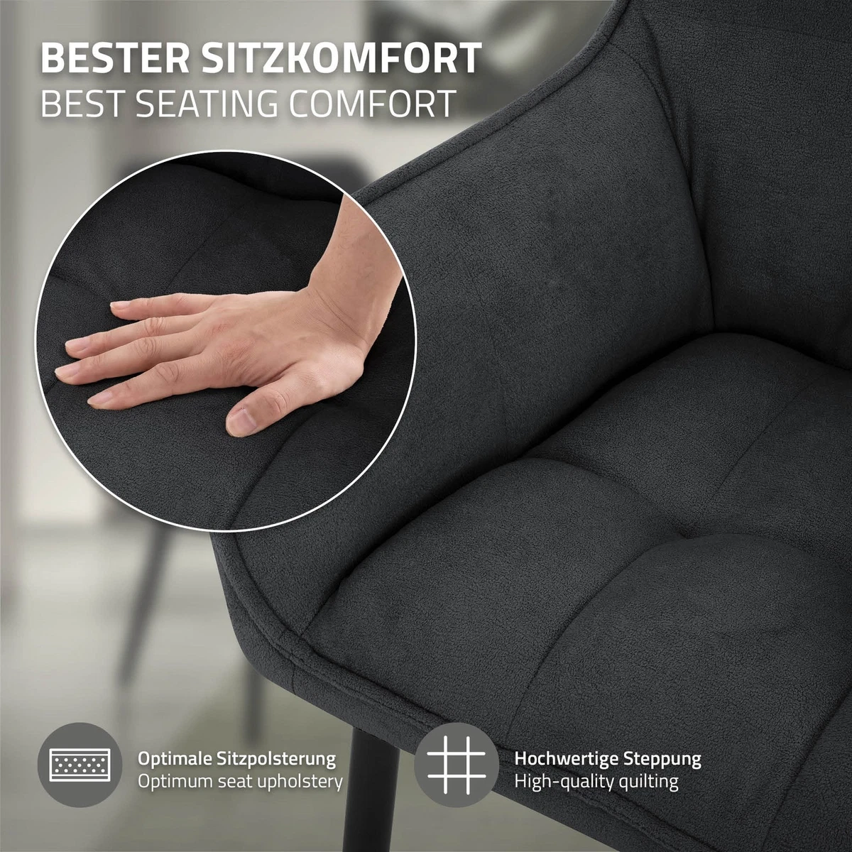 4x Sillas de comedor negras de tejido de rizo asiento ergonómico con patas metal