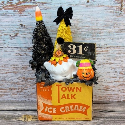 HALLOWEEN Decor Figurine Vintage Cat + Vintage Ice Cream Box, Jack o Lantern