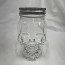 Glass Skull Clear Mason Jar with Lid 5.5" Halloween 16oz MINT CONDITION