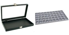 Black Glass Top Jewelry Case w/ 1 Gray 50-Slot Plastic Tray Single metal latch