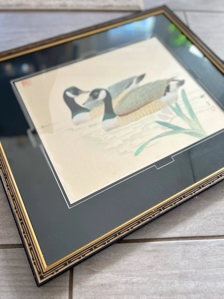 Pintura Acuarela Pájaro Oriental/Japonés - Firmada y 3 Estampillas - Art Deco Enmarcado Foto 2 de 4